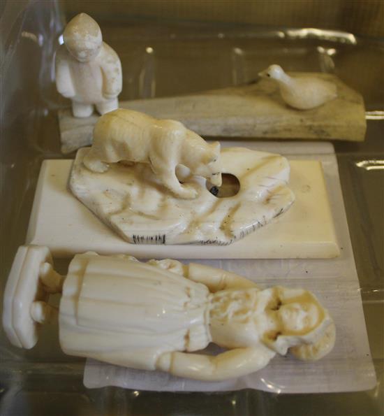 Dieppe ivory figure of lady and 2 Eskimo carvings